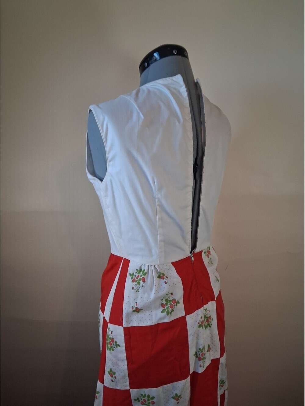 1970s Vintage Dress, Strawberry Checkered Sun Dress, Maxi Patchwork Dress Sz S - Picture 6 of 9